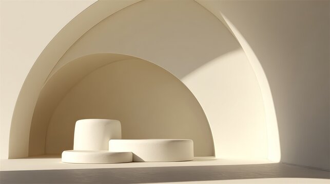 Minimalist architectural setting features layered arches and three geometric display pedestals bathed in soft daylight