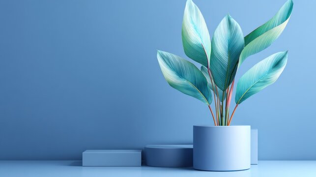 Cylindrical container holding lush foliage rests upon geometric pedestals against a monochrome backdrop