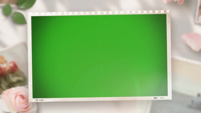 Green screen video clips with white frames on a floral background