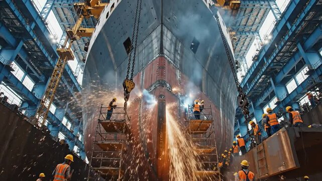 Massive ship hull taking shape in a busy shipyard drydock with workers performing welding
