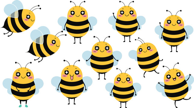 vector art collection of cute honey bee stickers,Set of cartoon  bees flying with dashed line trails. A small bees flying on a dotted route. Wasp collection. Vector characters. Incest icon. Template 