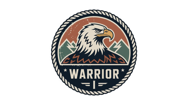 Vintage warrior eagle mascot badge logo with mountains, rope border and bold typography for sports team, military, adventure brand
