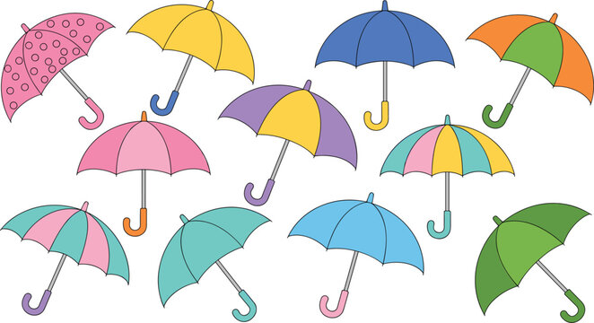 Colorful Umbrella Vector Icon Set Featuring Various Patterned and Solid Rain Parasols for Autumn Season, Weather Forecasts, and Cute Web Graphic Designs