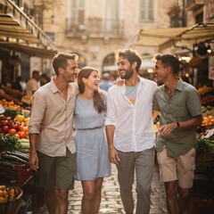Obraz premium Group of happy friends walking through a local outdoor market during summer vacation
