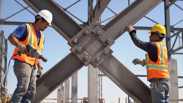 Skilled construction workers install temporary bracing for structural stability on a large steel framework.