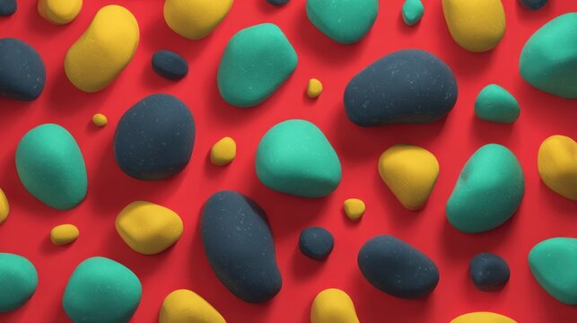 Colorful, rounded, irregularly shaped objects are scattered across a vibrant red background surface