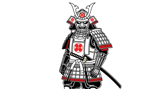 Japanese Warrior Samurai in Traditional Armor with Sword.