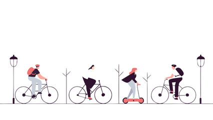 Naklejka premium Active urban commuters cycling and riding scooters along a tree-lined path
