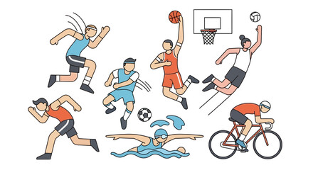 Fototapeta premium Set of diverse people engaging in various sports activities illustration.