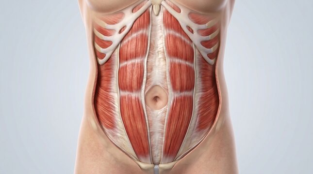 Anatomical 3D illustration of the divergence of the rectus abdominis muscles (diastasis) on the female body in the navel area with the exposure of deep tendons.
