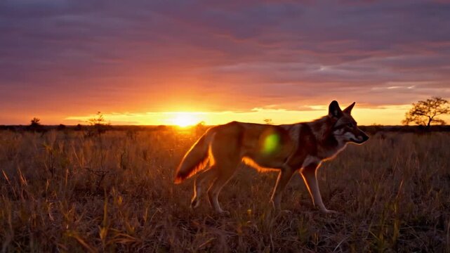 Striking Maned Wolf Walks Through Golden Grassland During Vibrant Sunset