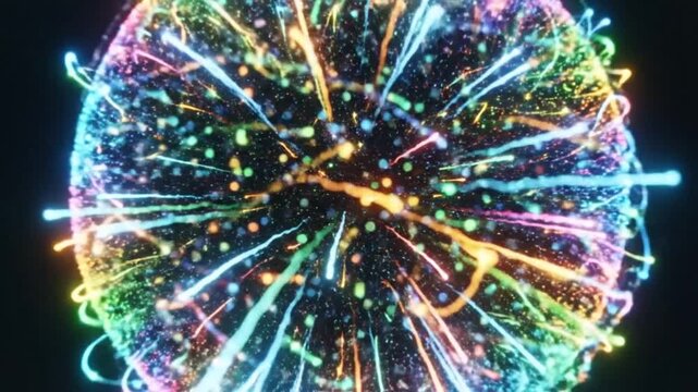 Vibrant digital sphere with colorful lights and connections on black background.
