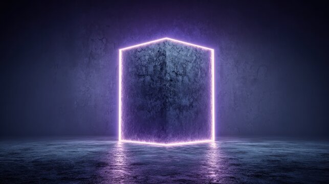 Illuminated cube shape emerges from dark, textured concrete environment with vibrant neon light