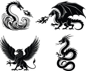 Fototapeta premium Silhouette dragon and griffin set of mythical creatures in black and white