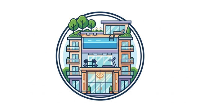 Modern Apartment Building with Rooftop Pool and Gym.