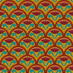 Geometric Fish Scales Seamless Pattern with Retro Floral Ornament Background © Aufa Fahmi 
