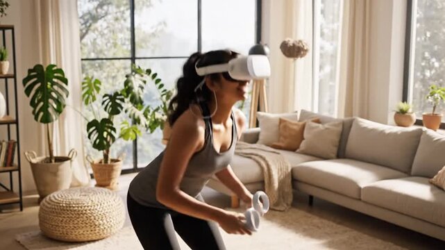 Woman enjoying virtual reality experience in a modern living room setting with VR headset.