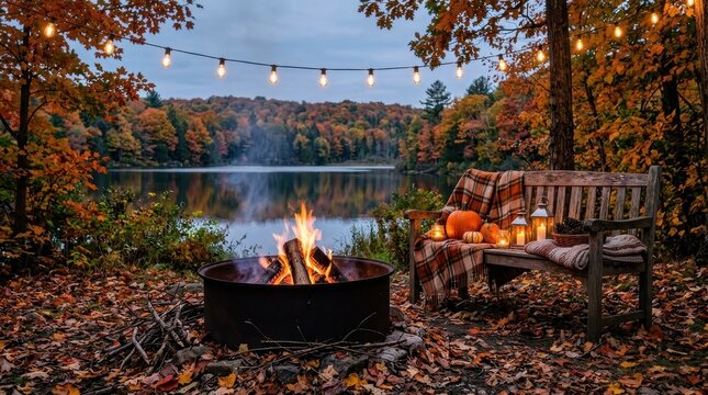 Autumn Evening Campfire by a Lake with Pumpkins and String Lights Creating a Cozy Outdoor Atmosphere