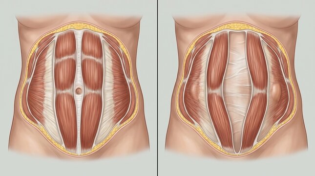 Comparative anatomical diagram of the female abdomen, demonstrating the normal state of the abdominal muscles on the left and a severe form of diastasis on the right.
