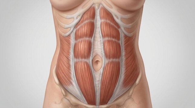 Medical diagram of rectus abdominis divergence (diastasis) on the female body with a detailed display of the structure of muscle bundles and tendon aponeurosis.