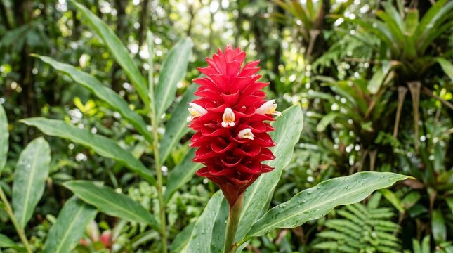 Purple Alpinia (Alpinia purpurata). Close-up of bright red inflorescence of alpinia with small white flowers in dense wet thickets of rainforest.