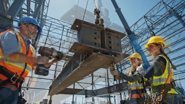 Skilled construction workers installing large steel beams at a new building site with heavy equipment