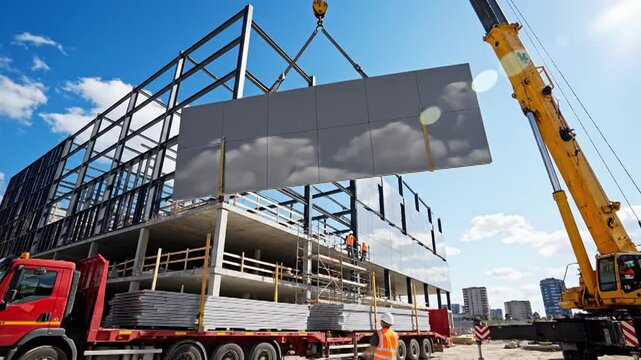 Crane lifts large prefabricated facade panels onto a modern building under construction