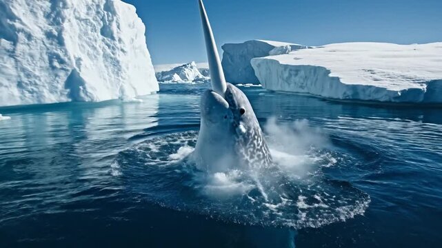 Majestic Narwhal Surfacing in Arctic Waters with Iconic Tusk Prominently Visible Among Icebergs