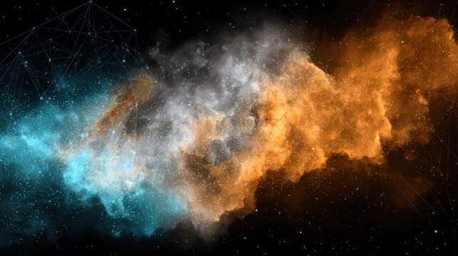 Brilliant celestial formation displays contrasting cool and warm gaseous clouds against a dark expanse