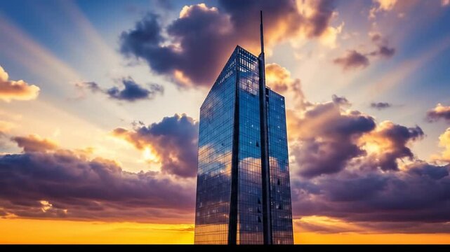 Stunning skyscraper reflecting the sunsets vibrant colors and cloudy sky.