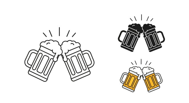 Clinking Beer Mugs Icons in Line Silhouette and Color Styles