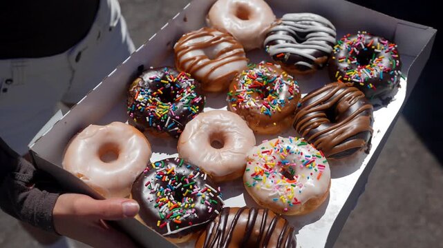 Close up top view of a person's hands holding an open box with a dozen fresh assorted glazed donuts with colorful sprinkles, showcasing a sweet treat and delicious pastry selection