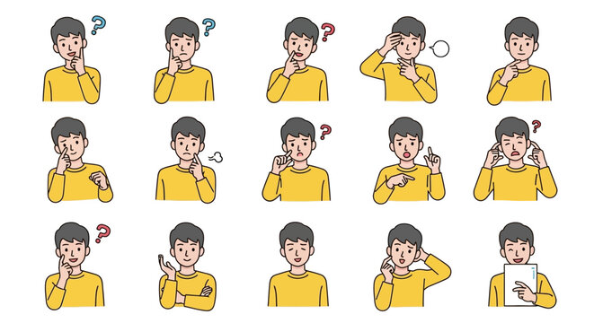 Man character expression set with thinking and questioning poses