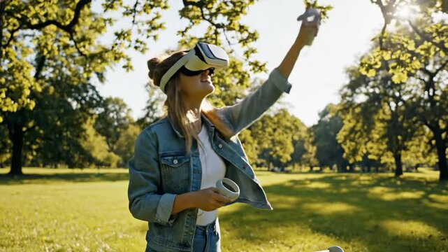 Woman in VR headset explores virtual reality in a sunny park setting.