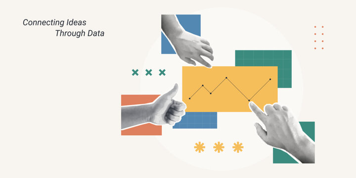 Trendy Halftone Collage of three halftone hands with thumbs up and pointing gestures around a line graph, symbolizing connecting ideas through data, ideal for analytics and strategy content.