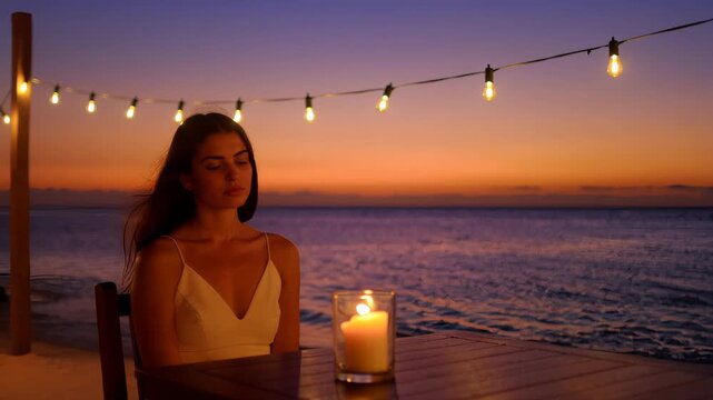 A serene woman sitting at a beachside table during a beautiful sunset. Seamless looping 4k video background