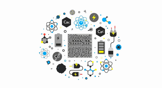 Energy Storage and Battery Technology Illustration with Chemical Icons, Atoms, and Power Symbols on White Background