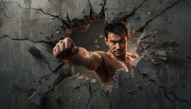 A man shatters a concrete wall with his fist as light pours through the breach � a visceral, dynamic image of breaking barriers, struggle, and achieving the impossible.