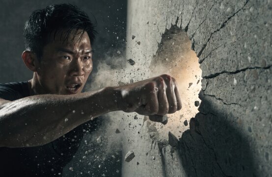 A man shatters a concrete wall with his fist as light pours through the breach � a visceral, dynamic image of breaking barriers, struggle, and achieving the impossible.