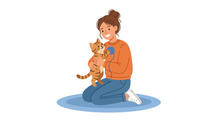 A young woman lovingly holding and hugging her cute orange tabby cat. ©  Muhasim Munandar