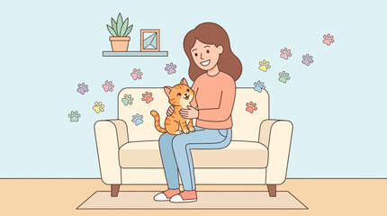 A young woman sits on a sofa petting her cute orange tabby cat. ©  Muhasim Munandar
