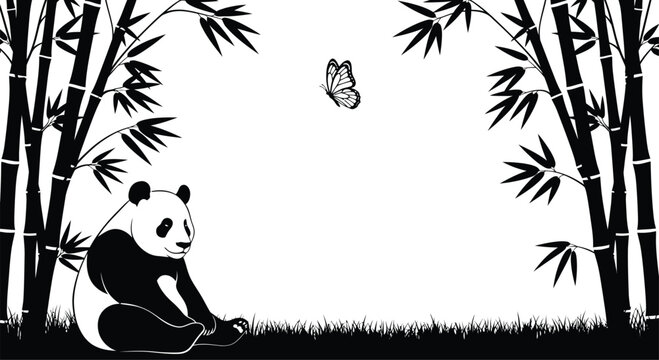 Silhouette panda sitting in a bamboo forest watching a butterfly