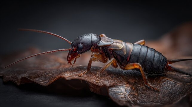 Close up of an earwig insect with sensitive antennae extended, exploring a textured surface with intricate details.