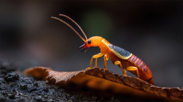 Detailed macro view of a vibrant orange earwig with prominent curled pincers perched on a dry leaf