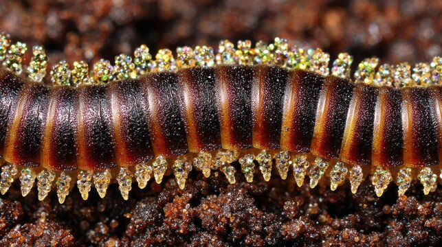 Detailed Macro View of a Millipede's Segmented Cuticle with Shimmering Moisture, Showcasing Intricate Texture in its Natural Soil Habitat