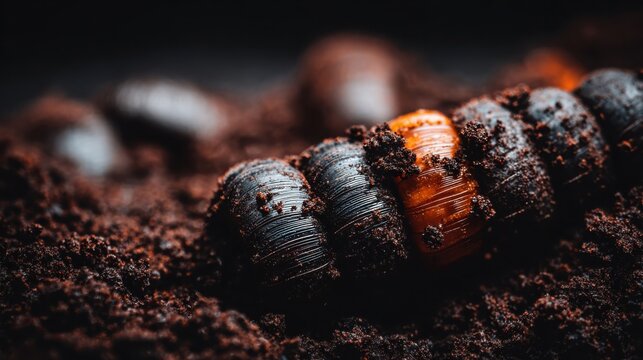 Detailed macro view of a moist, glistening, segmented earthworm cuticle emerging from dark, rich soil