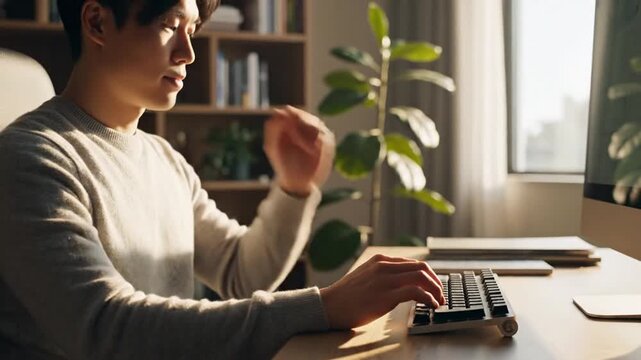 Man working on computer at desk in home office, typing on keyboard, sunlight.