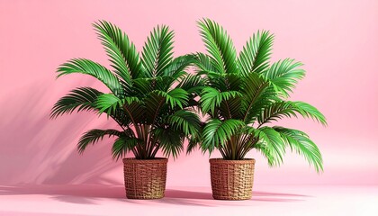 Obraz premium Two green palm plants sit in wicker pots, their leaves creating a lively contrast against the pink background. style