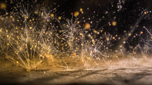 Delicate fungal hyphae with golden spores branching and spreading across a dark, damp surface, showcasing microscopic biological growth.