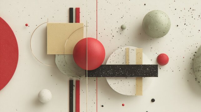 Composition of three dimensional geometric shapes and textures arranged on a light background
